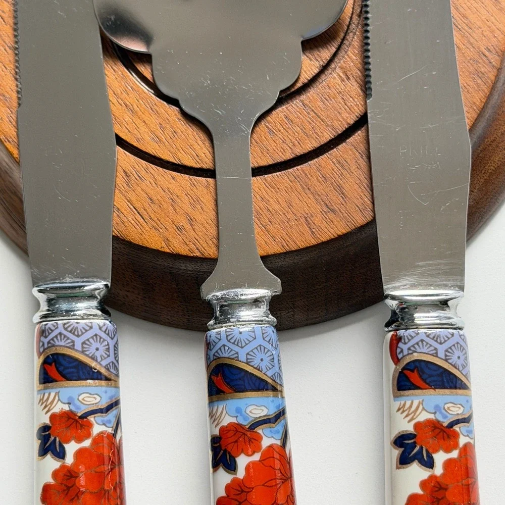 Prill Sheffield England Porcelain Handle Knife Set Floral Cheese Fork 3pc